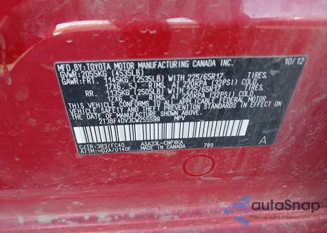 2012 Toyota Rav4 from USA, damaged, VIN 2T3BF4DV3CW255598